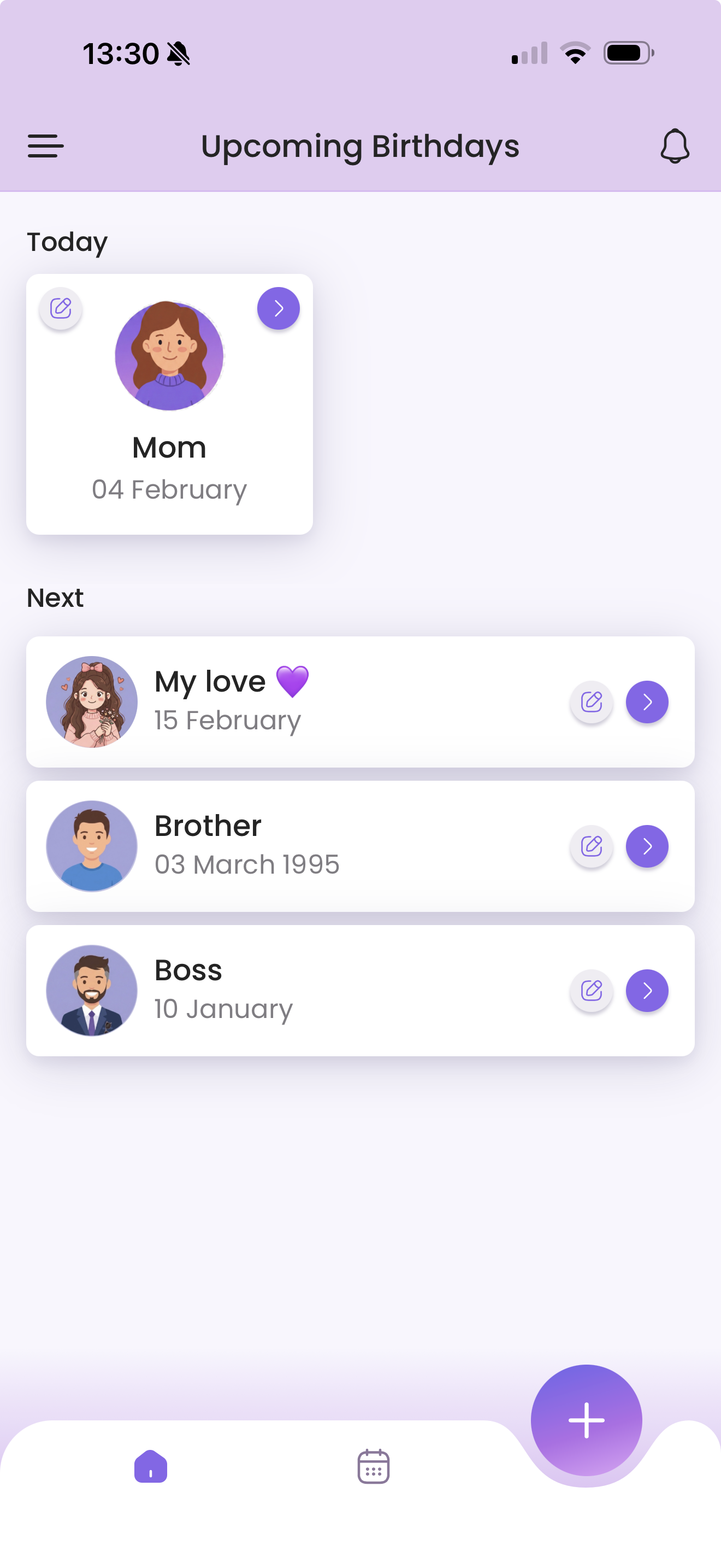 Remindarly app home screen — birthday reminders list on iPhone