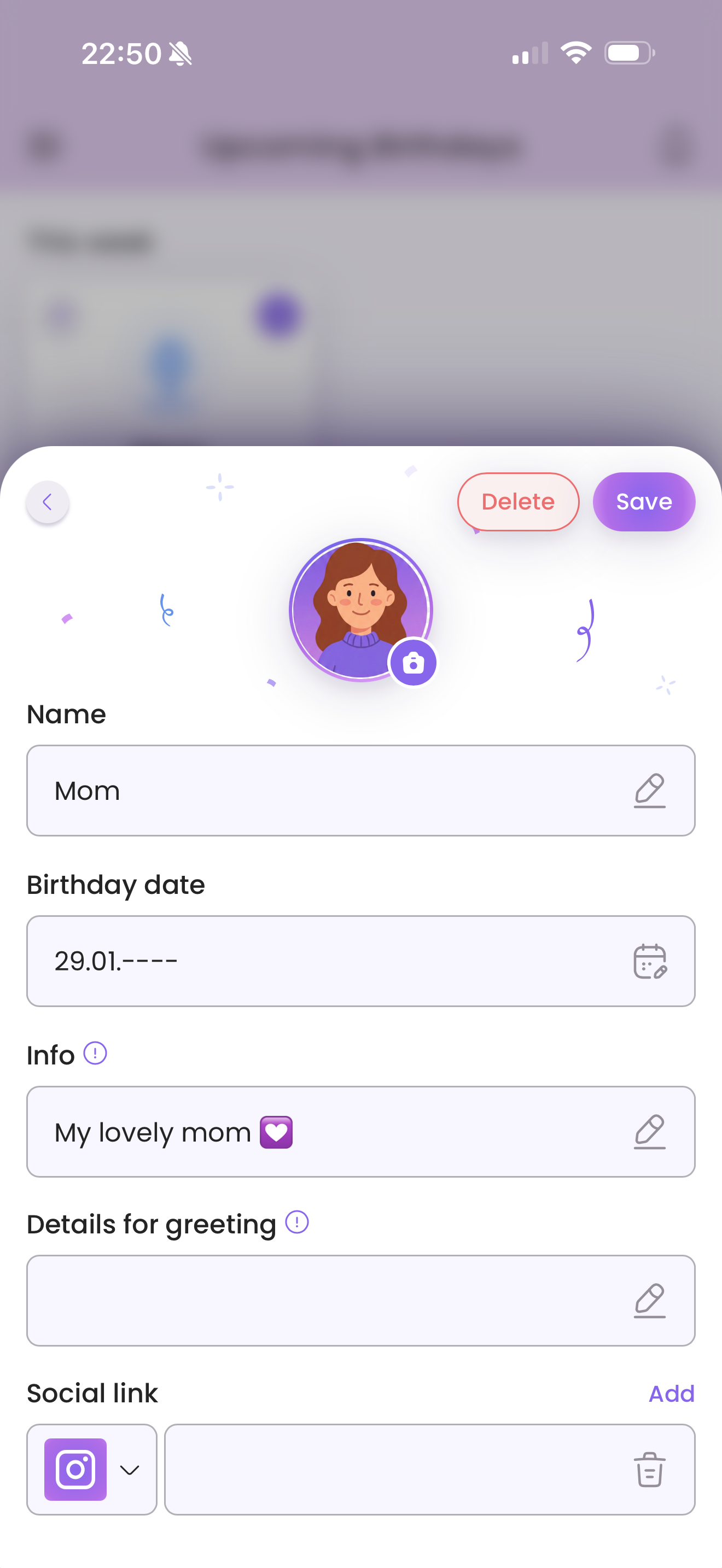 Clean and simple birthday tracker interface in Remindarly app