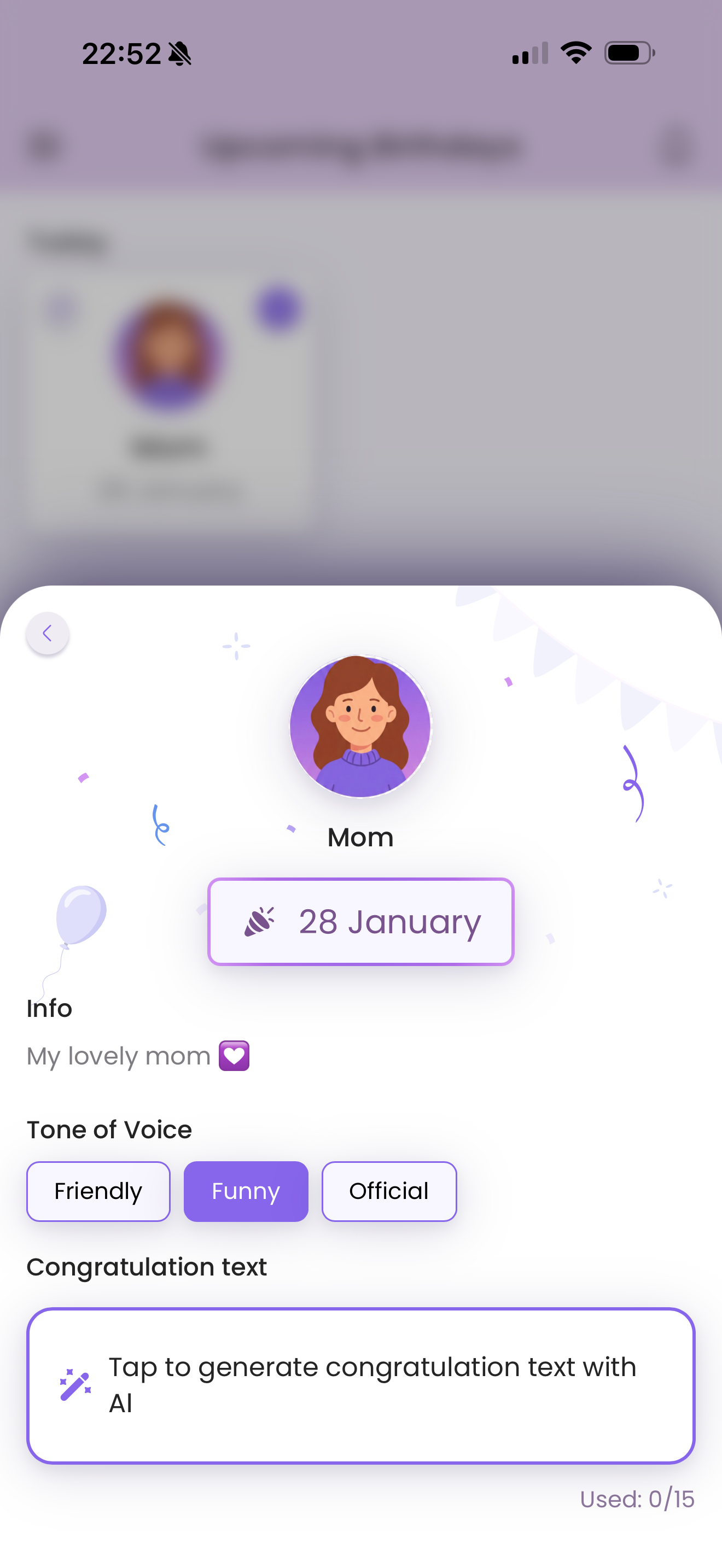 AI-generated birthday wishes in Remindarly — choose funny, heartfelt, or official tone