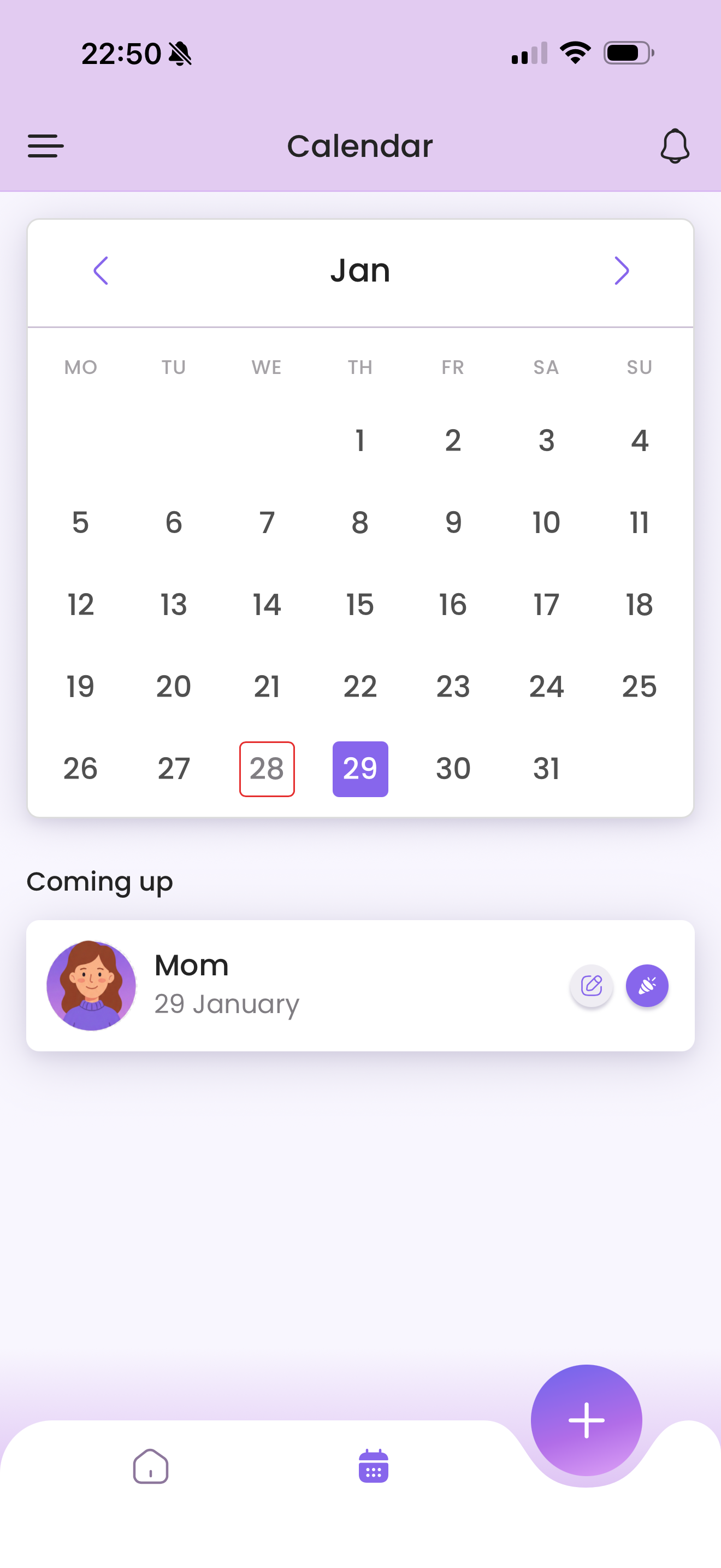 Smart birthday calendar with upcoming events in Remindarly app